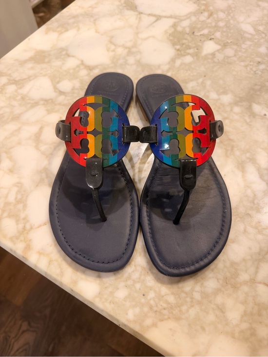 Tory Burch Shoes - Tory Burch Navy Leather Sandals with Rainbow Logo Medallions